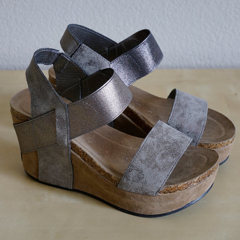 Pierre Dumas pewter wedge platform sandals